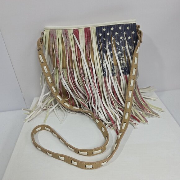 Steve Madden Crossbody Bag Womens American Flag Fringe Boho Western Tan Festival - Picture 1 of 9